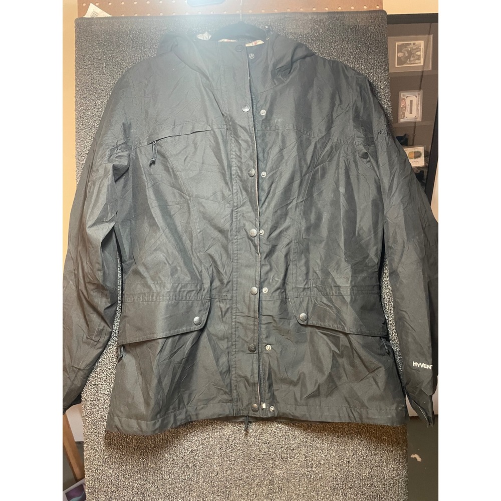 The North Face HyVent Rain Jacket Womens L Black Plaid Lined Hooded Outdoor Coat